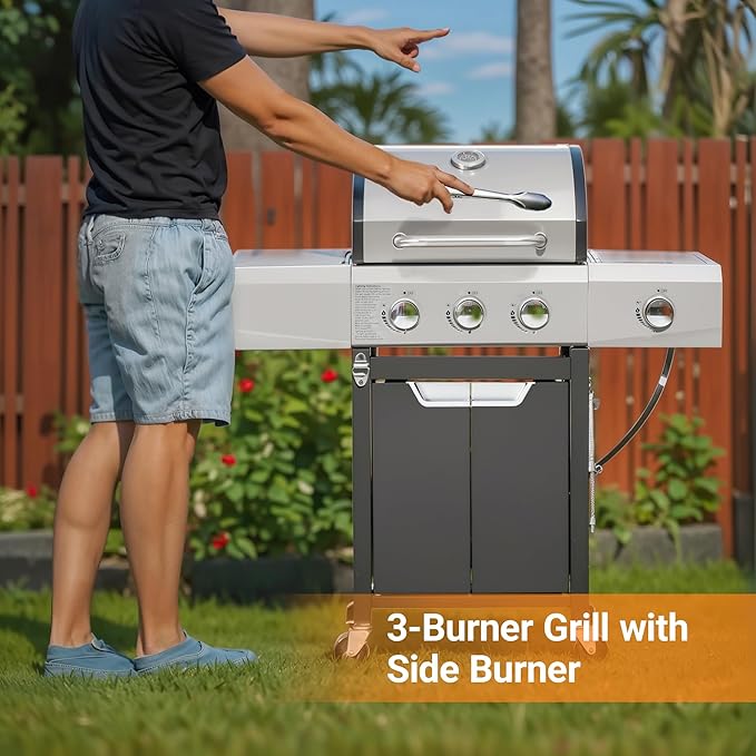 Fast Ignition Outdoor Gas Grill, Independent Multi-Burner & Built-in Thermometer, Easy-Clean Stainless Steel BBQ Grill for Camping Patio Backyard Cooking