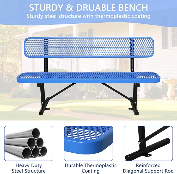 6 FT Steel Park Bench for Outside, Outdoor Bench with Backrest & Portable Frame, Thermoplastic Coating, Commercial Benches for Shopping Mall, Store, Park, Patio, Deck, Blue