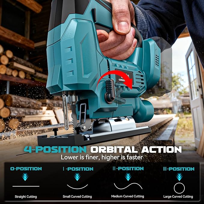 Ecarke Cordless Jig Saw Compatible With Makita 18V Battery, Brushless, 7 Speeds Dial Control, 4 Orbital Sets, Dust-Blowing, ±45° Bevel Cuts, LED Light and 6PCS Blades For Cutting (Without Battery)