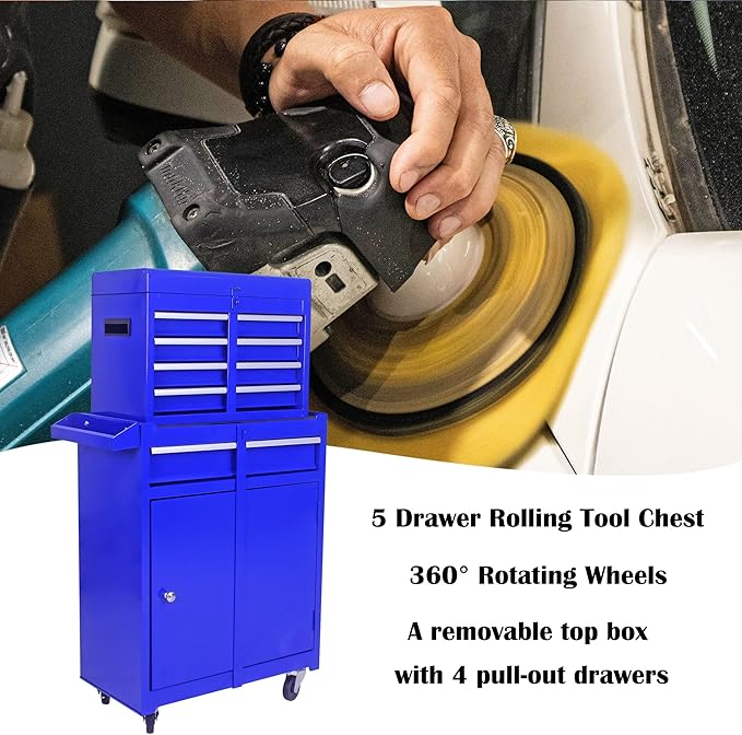 5 Drawer Rolling Tool Chest,Tool Storage Cabinet & Tool Box Cart with Wheels, Big Tools Removable Tool Box Combo,Tools Storage Boxs,Tools Case for Garage Warehouse Workshop (Blue)