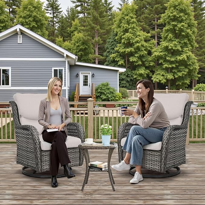 Outdoor Swivel Rocker Patio Chairs with 5" Thick Cushion - 3 Piece Wicker Bistro Set with Side Table, High Back Comfty Outdoor Glider Chairs for Balcony, Porch, Deck, Poolside - Gray/Beige