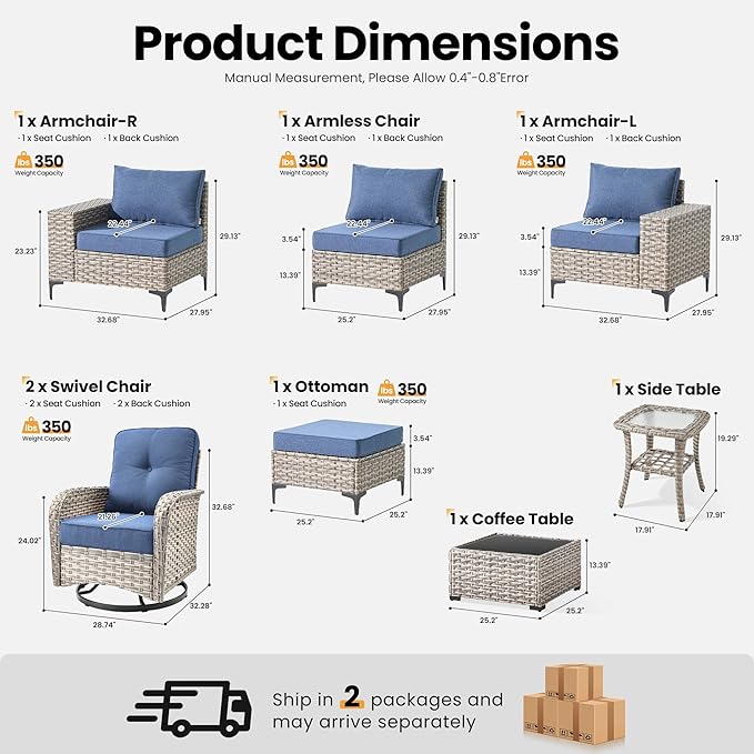 ovios 8 Pieces Patio Furniture Set Outdoor Sectional Sofa Couch with Rocking Swivel Chairs Deep Seat Chaise Comfy Cushions, Modern Modular Wicker Rattan Conversation Set, Denim Blue