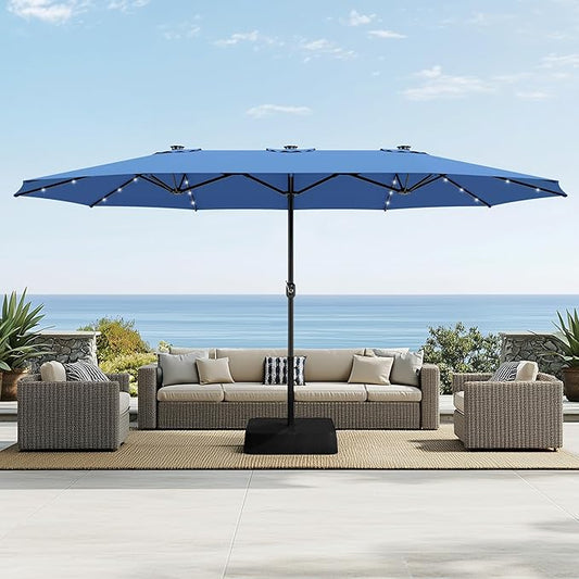 Sophia & William 15 ft Extra Large Patio Umbrella with Solar Lights, Rectangular Outdoor Umbrella with Base Included, Market Umbrella Double-sided Heavy Duty for Pool Garden Backyard, Haze Blue