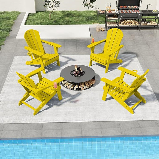 Folding Adirondack Chairs with Cup Holders, Set of 4 HDPE Plastic Outdoor Chairs, Weather Resistant, Real Wood Look, Heavy-Duty Patio Furniture for Deck, Fire Pit, Backyard, Yellow