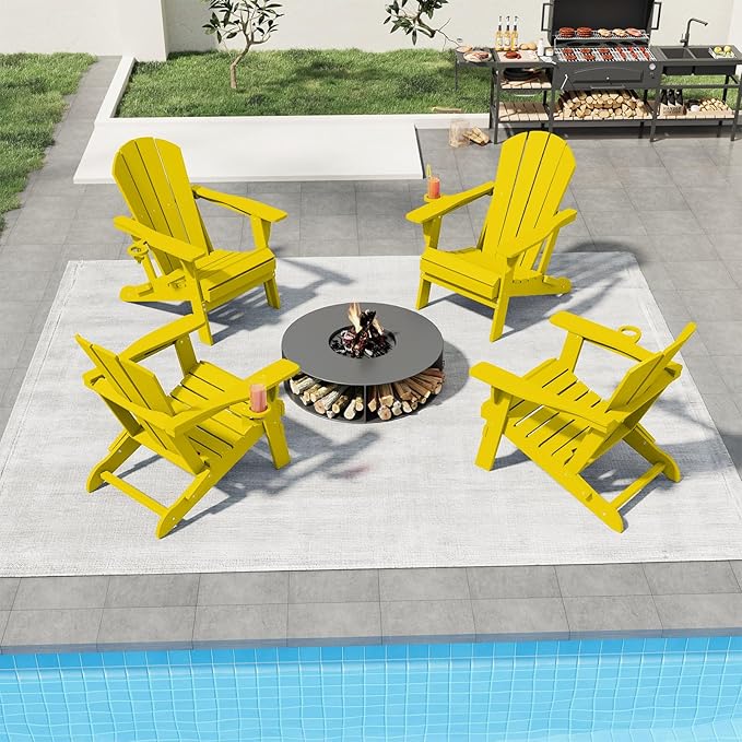Folding Adirondack Chair with Cup Holders Set of 2, HDPE Plastic Outdoor Chairs, Weather Resistant, Real Wood Look for Patio, Deck, Fire Pit, Backyard, Yellow
