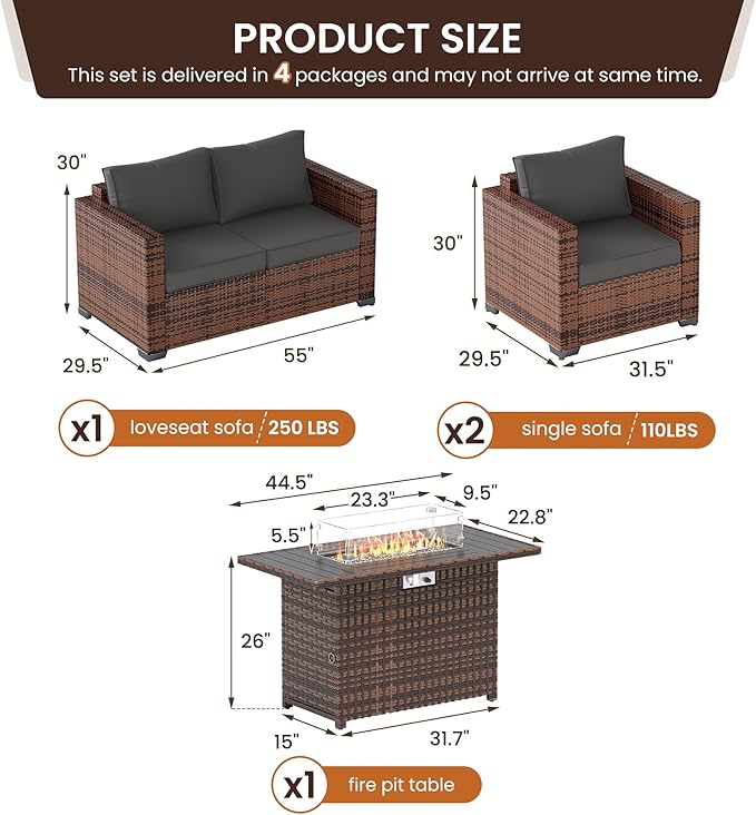 UDPATIO Patio Furniture Set with 44" Fire Pit Table, 4 Pieces Outdoor Furniture Sets, Wicker Rattan Patio Conversation Sets with Outdoor Sofa Waterproof Covers for Porch Deck Backyard, Grey