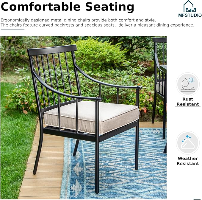 MFSTUDIO 9PCS Metal Patio Dining Set, 1 Square Outdoor Table of 1.57" Umbrella Hole and 8 Armchairs with Removable Cushions for Porch Backyard Balcony Deck
