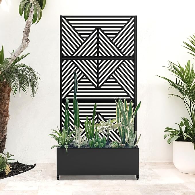 Metal Raised Garden Beds with Privacy Screen for Outdoor Plants, Planter Box with Trellis & Wheels, Flower Boxes with Drainage Holes (35" L×16" W×71" H, Black Zodiac)