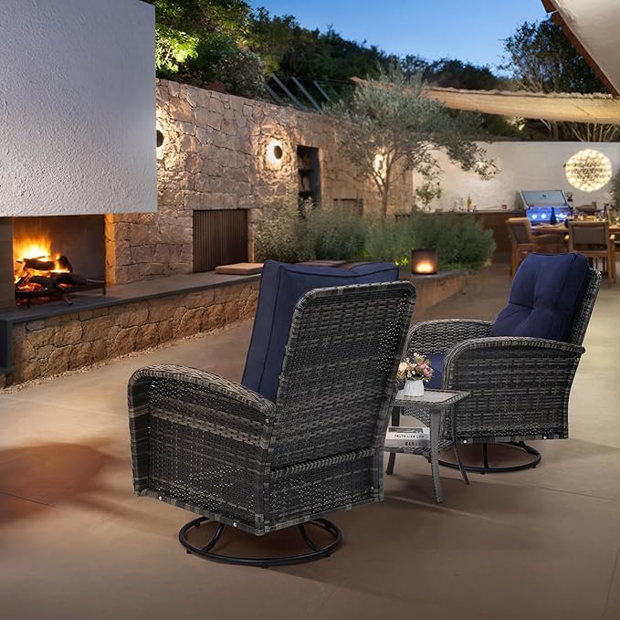 Luxury Outdoor Swivel Wicker Glider Patio Chairs with Table Set, Overstuffed Washable Cushions, Ideal for Porch, Balcony, Deck, Grey Rattan and Blue Cushion