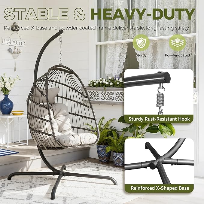 RADIATA Outdoor Self-Standing Egg Chair with Stand, 350Lbs Wicker Rattan Hanging Hammock Chair with Comfy Cushion, Single Eggshell Basket Swing Seat for Garden Balcony Bedroom Patio, Light Grey