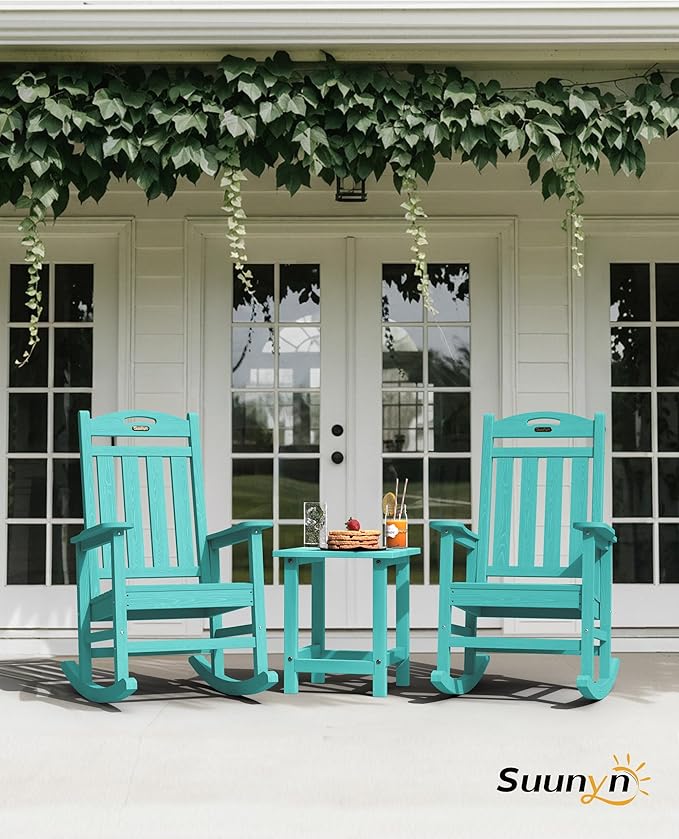 Oversized Outdoor Rocking Chair Set of 2, High Back Porch Rocker Chair, HDPE All Weather Resistant Rocking Chairs for Patio,380lbs Weight Capacity, Lake Blue