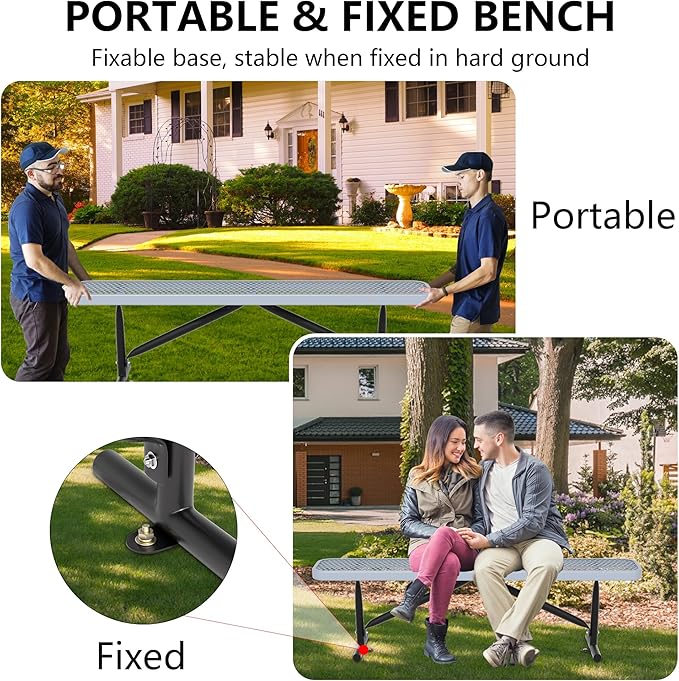 6 Feet Heavy Duty Metal Park Bench for Outside, Outdoor Bench with Portable Frame, Commercial Benches for Shopping Mall, Store, Park, Patio, Deck, Grey