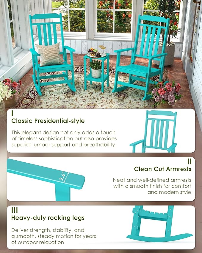 GREENVINES Outdoor-Rocking-Chairs-Set-of-4 | HDPE Plastic | Patio Rockers | Porch Rocker Chair | Oversized | High Back | Big & Tall | Aqua