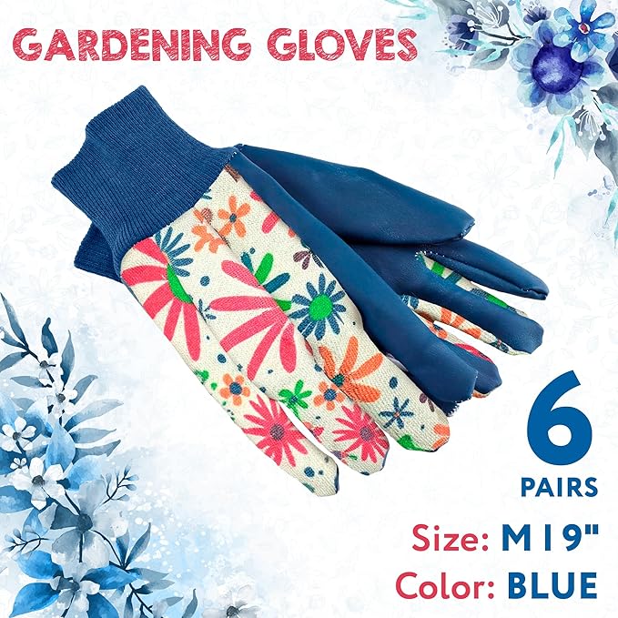 Floral Gardening Gloves for Women, 9 Inch. 6 Pairs Cotton Work Gloves with Knit Wrist. Gardening Gifts for Women