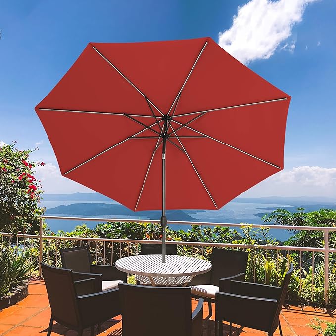 Sundale Outdoor Olefin 5-Year-Non-Fading Solar 88 LED 10FT Solar Patio Umbrella with Sand Bag Base, Outdoor Umbrella with Tilt and Crank, Red