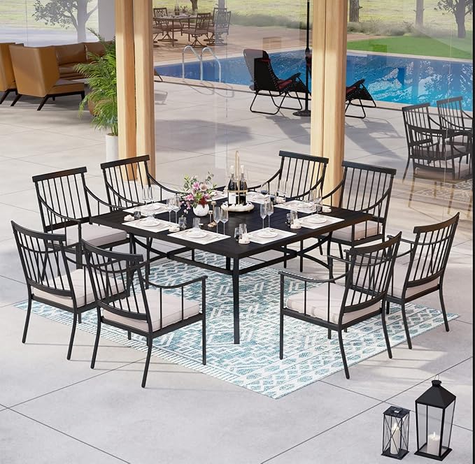 MFSTUDIO 9PCS Metal Patio Dining Set, 1 Square Outdoor Table of 1.57" Umbrella Hole and 8 Armchairs with Removable Cushions for Porch Backyard Balcony Deck