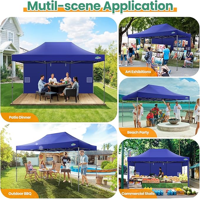 COBIZI 10x15 FT Heavy Duty Pop up Canopy with 4 Removable Sidewalls, Easy up Gazebo High Stability, All Weather Sunshade 100% Waterproof Outdoor Canopy Tents with Carry Bag, Dark Blue