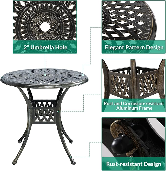VIVIJASON 3-Piece Patio Bistro Set, All-Weather Cast Aluminum Outdoor Furniture Dining Set, Include 2 Chairs and 31" Round Table w/Umbrella Hole for Balcony, Lawn, Garden, Backyard, Antique Bronze