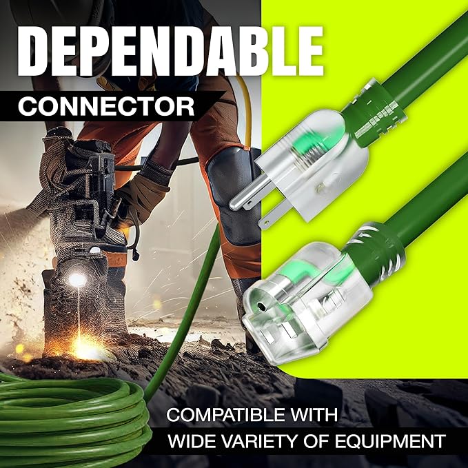 25ft Outdoor/Indoor Extension Cord 14/3 Gauge Heavy Duty 3 Prong SJTW, Waterproof, Flexible Cold-Resistant Long Power Cord,15A 125V 1875W, Green by LifeSupplyUSA