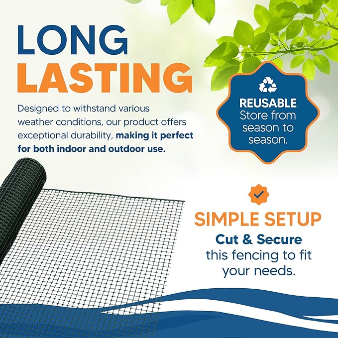 3/4" Square Mesh Plastic Fence Roll (40" x 25' - Green) - Unobtrusive 40 Inch High Temporary Garden Fencing Netting to Protect Plants, Patio, Porch, Yards and Outdoor Spaces from Deer & Animals