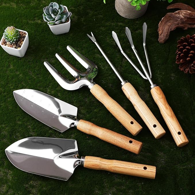 Kisangel Stainless Steel Gardening Tool Set with Ergonomic Ash Handles Multi-Functional Trowel Kit for Digging Planting and Pruning Rust-Resistant Garden Supplies Gift for Women and Adults