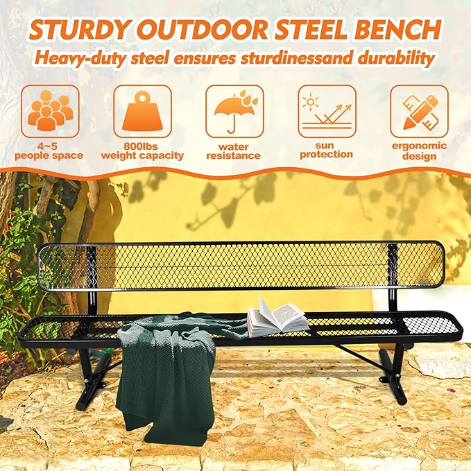 8Ft Outdoor Bench with Back Portable Frame, Outdoor Steel Park Bench with Backrest, Expanded Metal Mesh Bench for Outside, Lawn, Backyard, Park, Deck, Garden, Patio, Porch, Black