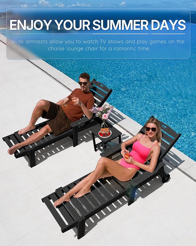 Chaise Lounge Chair Outdoor with Wheels, Oversize Patio Lounge Chairs with Wood Texture, 5-Position Plastic Lounge Chairs Set of 2-Black(Separate Delivery)
