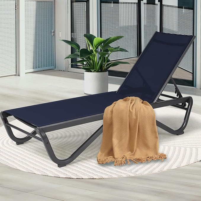 Kozyard Patio Chaise Lounge Chair Full Alumium Outdoor Reclining Adjustable Chair Flat Lounge Chair for Sunbathing, Patio, Beach, Poolside NavyBlue Textilene