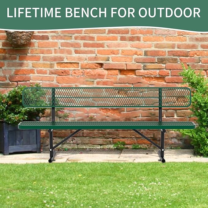 8 Ft Metal Park Bench for Outside, All-Weather Thermoplastic Coating Outdoor Bench with Backrest, Commercial Heavy Duty Benches for Shopping Malls, Stores, Parks, Patios, Decks, Green