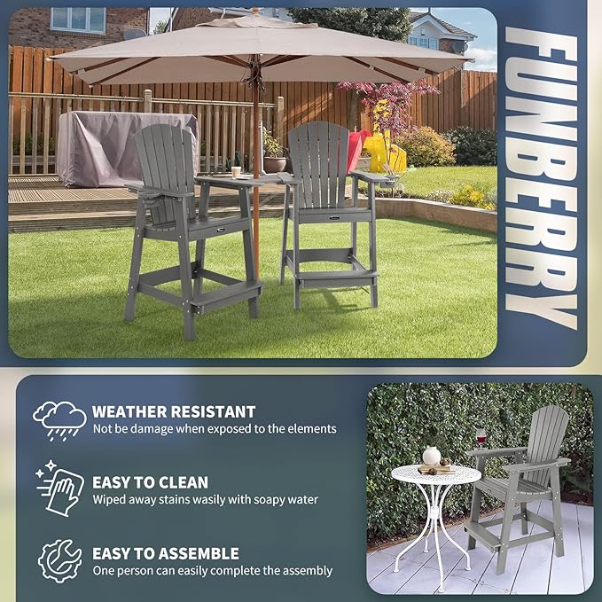 FUNBERRY Tall Adirondack Chair, All Weather High Top Balcony Chairs with Cup Holder