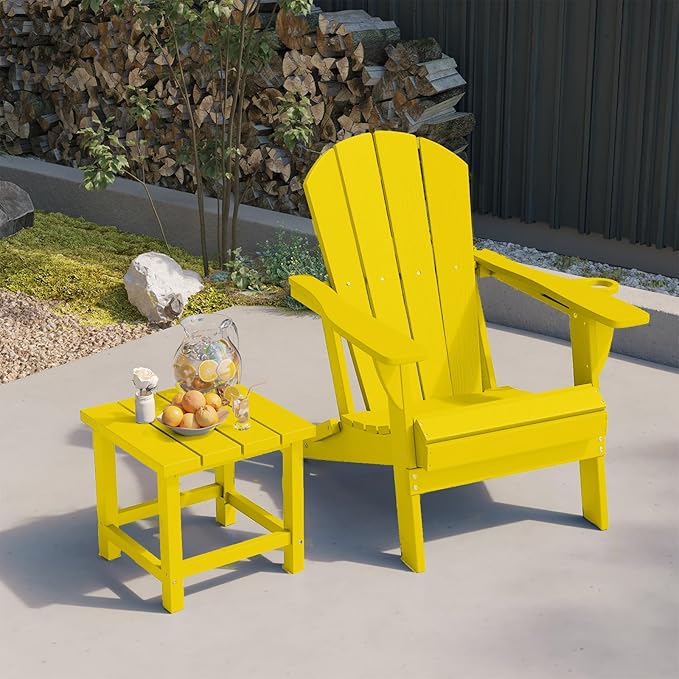 Folding Adirondack Chairs with Cup Holders, Set of 4 HDPE Plastic Outdoor Chairs, Weather Resistant, Real Wood Look, Heavy-Duty Patio Furniture for Deck, Fire Pit, Backyard, Yellow