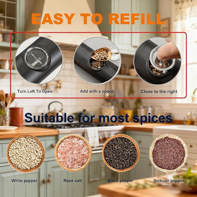 Electric Salt and Pepper Grinder Set,Battery Powered Automatic Pepper Mill with Adjustable Coarseness,Seasoning Tools for Kitchen BBQ Restaurant Outdoor, Dining or Gifting
