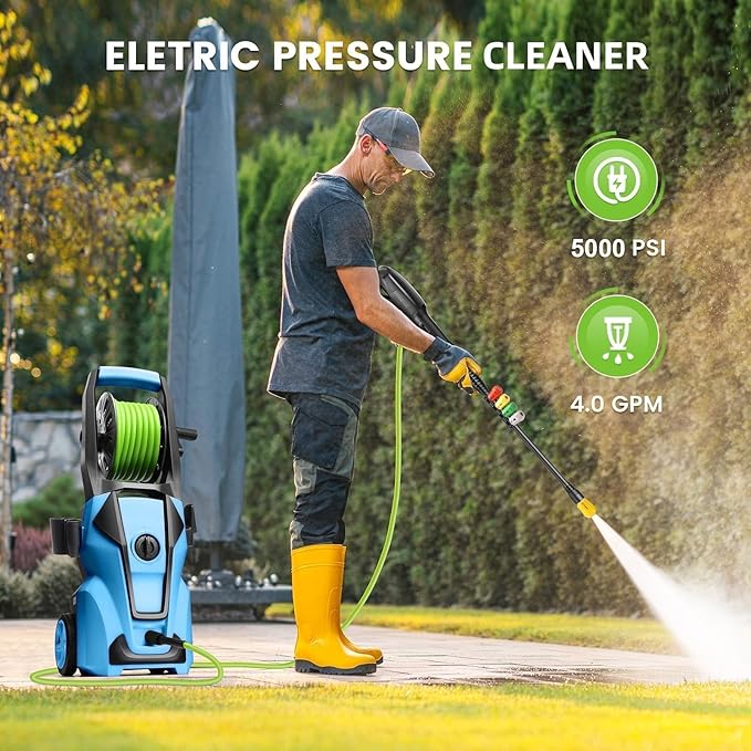 Pressure Cleaner Adjustable 5000PSI 4.0 GPM High Power Cleaners with 33ft Hose Reel, 4 Nozzle and Foam Cannon, Power Cleaners Machine for Home, Cars, Patio (Navy Blue)