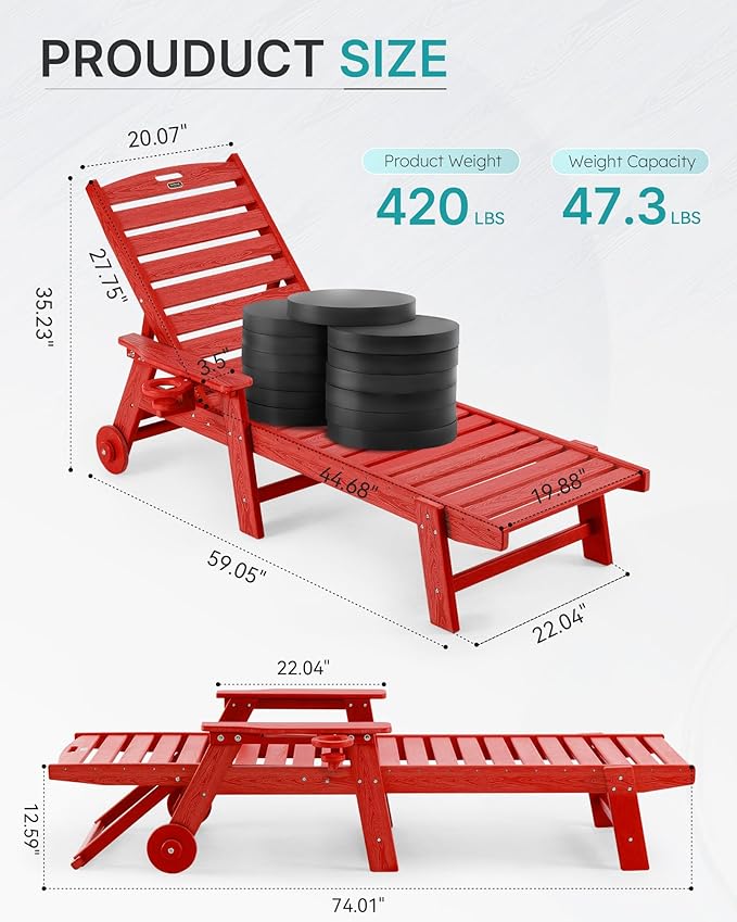 Chaise Lounge Chair Outdoor with Wheels, Oversize Patio Lounge Chairs with Wood Texture, 5-Position Plastic Lounge Chairs Set of 4-Red(Separate Delivery)