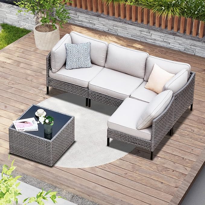 5-Piece PE Rattan Patio Sectional Set with 2 Armchairs, 2 Armless Chairs and Coffee Table, Modular Wicker Outdoor Sofa with 4" Beige Cushions for Backyard, Deck, Garden