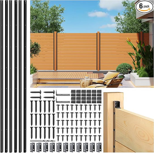 6pack 6FT (H: 68″) Matel Backyard Privacy Fence Panels Post Black, Install Fence Panels Post for Wood Slats Outdoor
