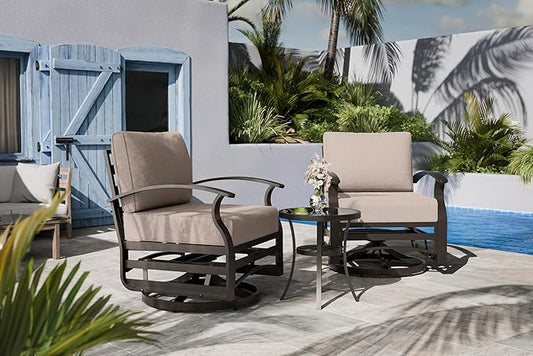 Outdoor Patio Furniture Set, 3 Piece Aluminum Metal Chairs Swivel Rocker, Overstuffed Washable Cushions Bistro Set for Porch, Balcony, Deck, Garden