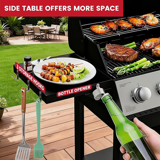 5-Burner Propane Gas Griddle Grill Combo with Porcelain-Enameled Cast Iron Grate & Cast Iron Pan, Dual BBQ Grill With Flat Top Griddle for Outdoor Kitchen & Backyard Barbecue,618 SQIN Cook Area