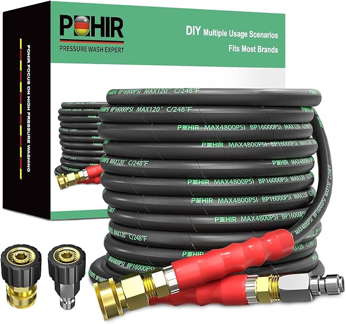 POHIR 3/8" Pressure Washer Hose 50 FT for Cold and Hot Water Max 248°F with Quick Connect, 4800psi Kink Resistant Industry Grade Steel Wire Braided Synthetic Rubber Jacket with 2 M22 14mm Adapter Set