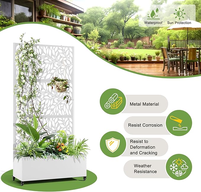FENCY Metal Raised Garden Bed with Wheels and Trellis,73"x35"x16" Planter Box for Climbing Plants, Vegetables & Vines, Features Privacy Screen and Drainage Holes (White-Leaf-2)