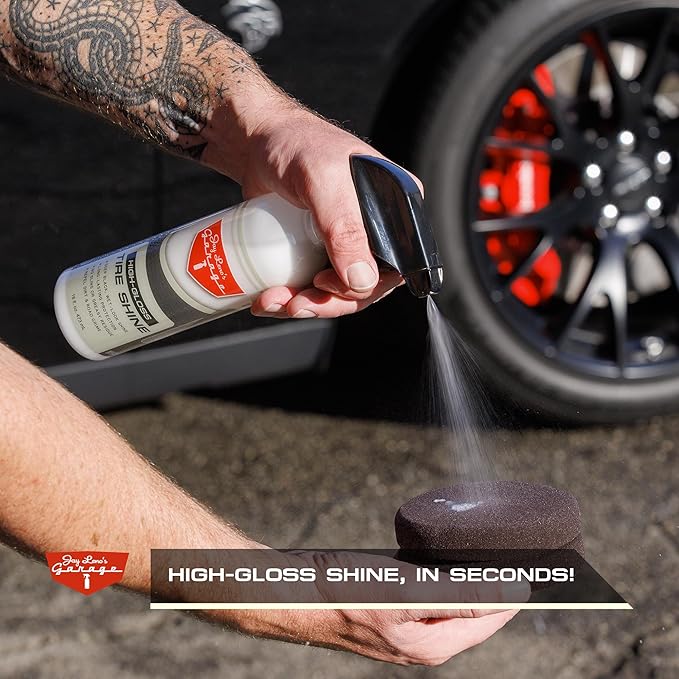 Jay Leno's Garage Tire Shine Delivers long-lasting High Gloss with a Deep Black Wet Look Glow. This Tire Dressing Spray and Car Tire Shine Work as Auto Detailing Care for Wheels and Tires – 16 oz.