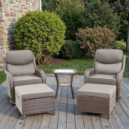 Swivel Patio Chairs sofa Set of 5 with 6" Thick Cushion - Wicker Outdoor Swivel Rocker Patio Chair with Side Table, High Back Comfortable Outdoor Glider Chairs - Brown Wicker | Grey Cushions