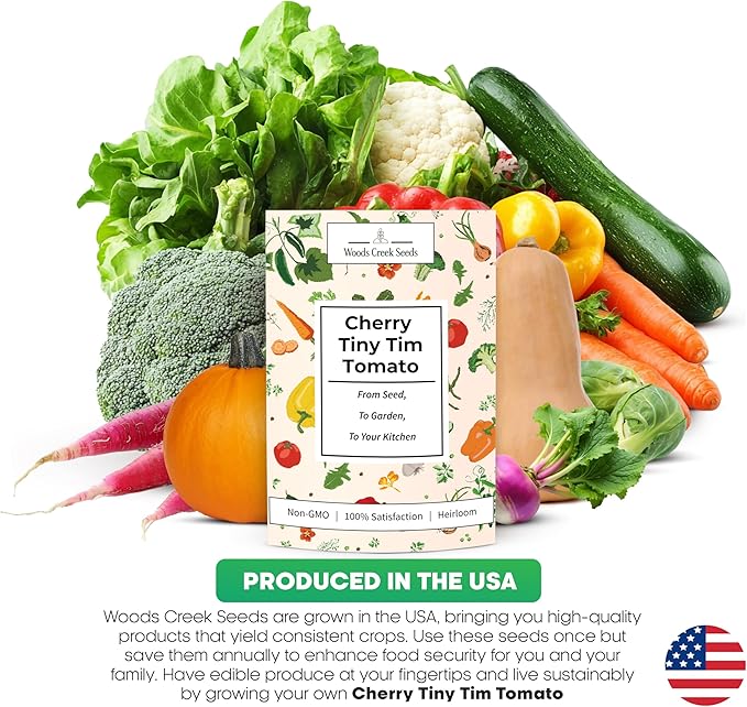 Woods Creek Seeds: Tiny Tim Tomato Seeds for Planting - Heirloom Tomato Seeds for Planting Outdoors, Indoors, Patio or Home Plant Garden - Non-GMO Seed Pack of Dwarf Cherry Tomatoes