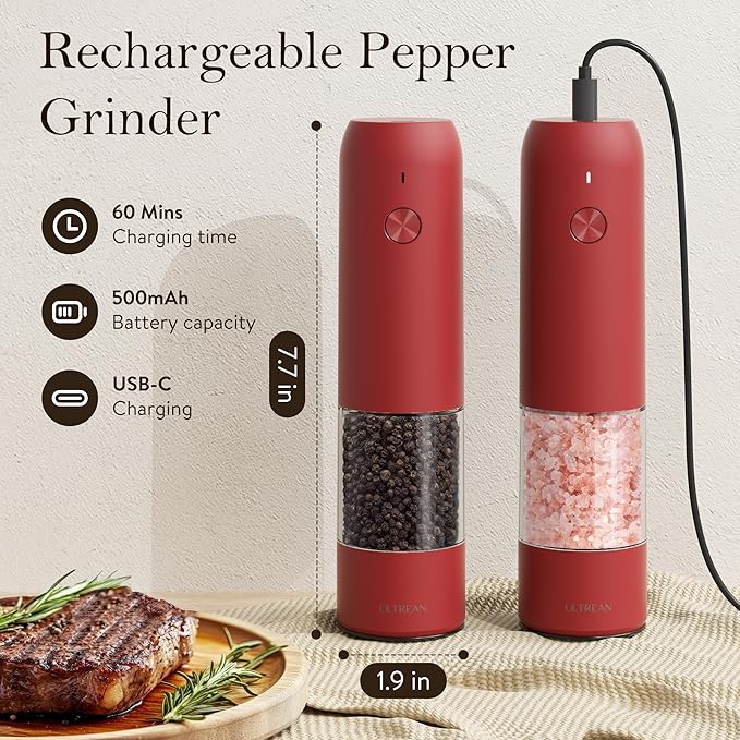 Ultrean Electric Pepper Grinder, Rechargeable Salt and Pepper Shakers with 6 Adjustable Coarseness, Automatic Grinder for Kitchen, LED Light, Red Christmas Gifts, Crimson Red