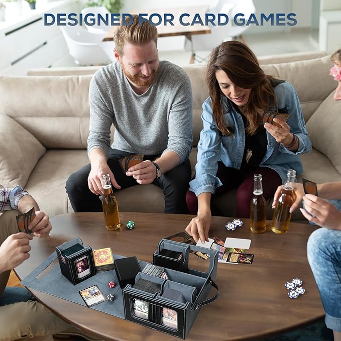 Trading Card Storage Box for MTG, MTG commander deck box，Multi-purpose Deck Case for MTG TCG Sports Card, 4 Toploaders, 4 Stoppers, 4 Colorful Dividers (Black & Grey)
