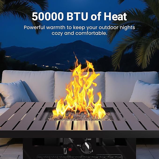 Black Propane Fire Pit Table, 50000 BTU Gas Fire Pits Table with Removable Lid and Lava Rock, Square Fire Table with Cover, 30'', Ideal for Dining or Party on Patio, Garden, Yard