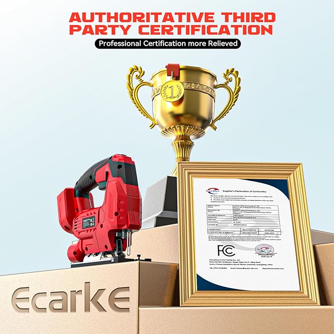 Ecarke Cordless Jig Saw Compatible With Milwaukee 18V Battery, Brushless, 4 Orbital Sets, 7 Speeds Dial Control, Dust-Blowing, ±45° Bevel Cuts, LED Light and 6PCS Blades For Cutting (Without Battery)