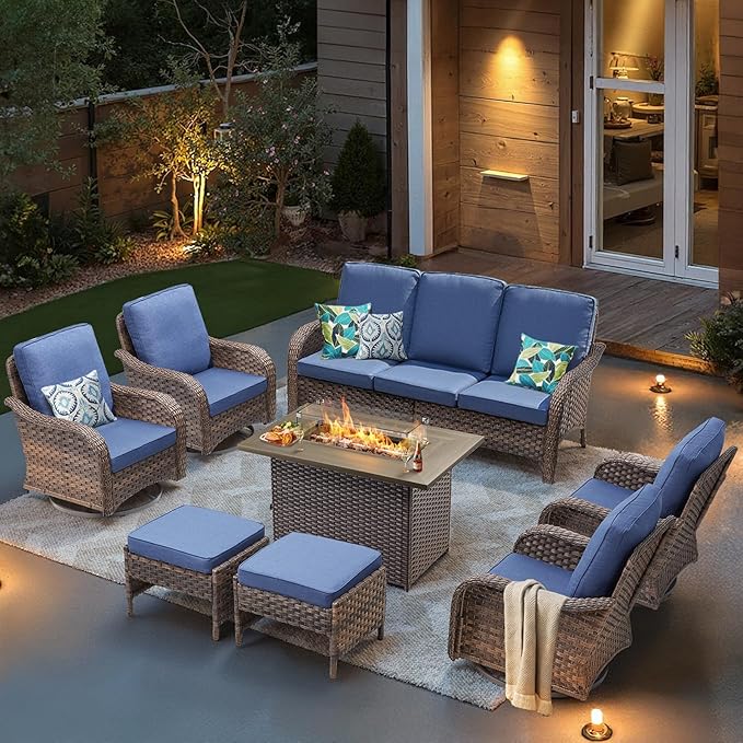 Patio Furniture Set with 42.5" Fire Pit Table-8 Pieces All Weather Wicker Outdoor Furniture with High Back Swivel Patio Chairs Set of 2 Outdoor Couch for Deck Balcony Backyard Brown/Blue