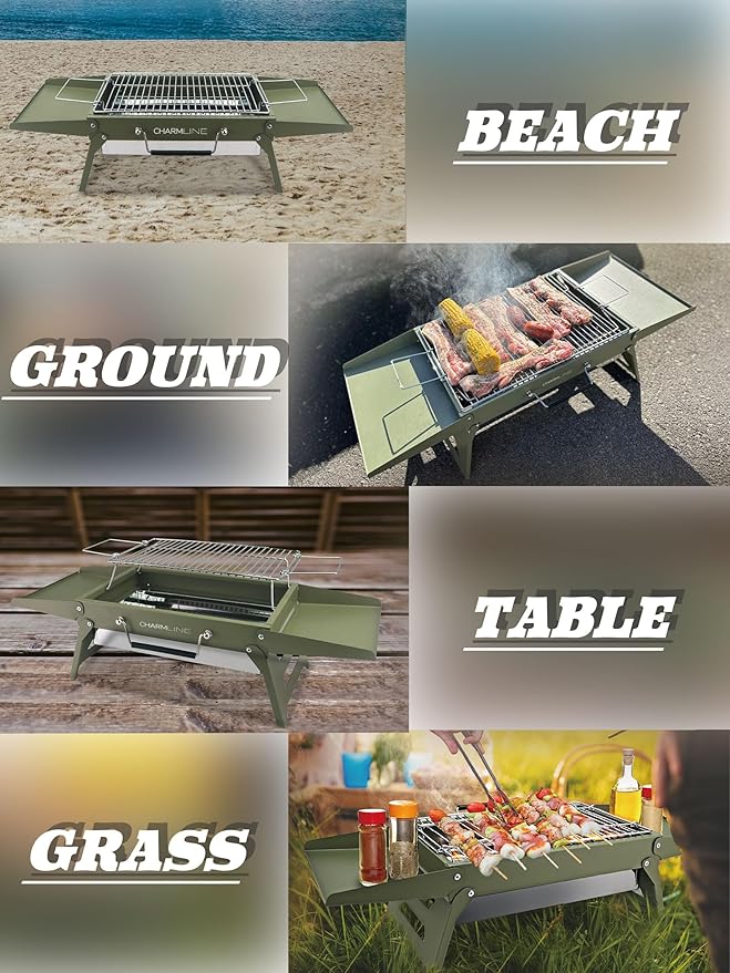 Charmline 14x9 inches Small Portable Charcoal Grill, Compact Portable BBQ Grill, Tabletop Charcoal Grills for Camping, Picnics, Gardens and Beach Parties, Green
