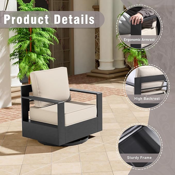 5 PCS Aluminum Patio Conversation Set - 3-Seater Sofa, 2 360° Swivel Chair, 2 Fixed Chair with 6" Thick Water-insistant Cushions, All-Weather Use Removable Cover, Ideal for Garden, Poolside (Beige)